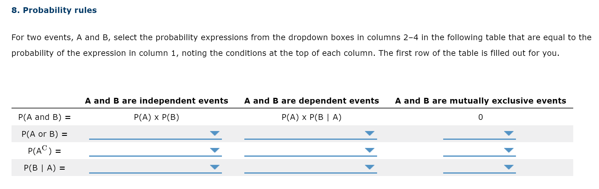 Probability Rule 8. Probability rules For two events, A and B, select