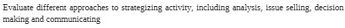 Evaluate different approaches to strategizing activity, including analysis, issue sellin3 decision making