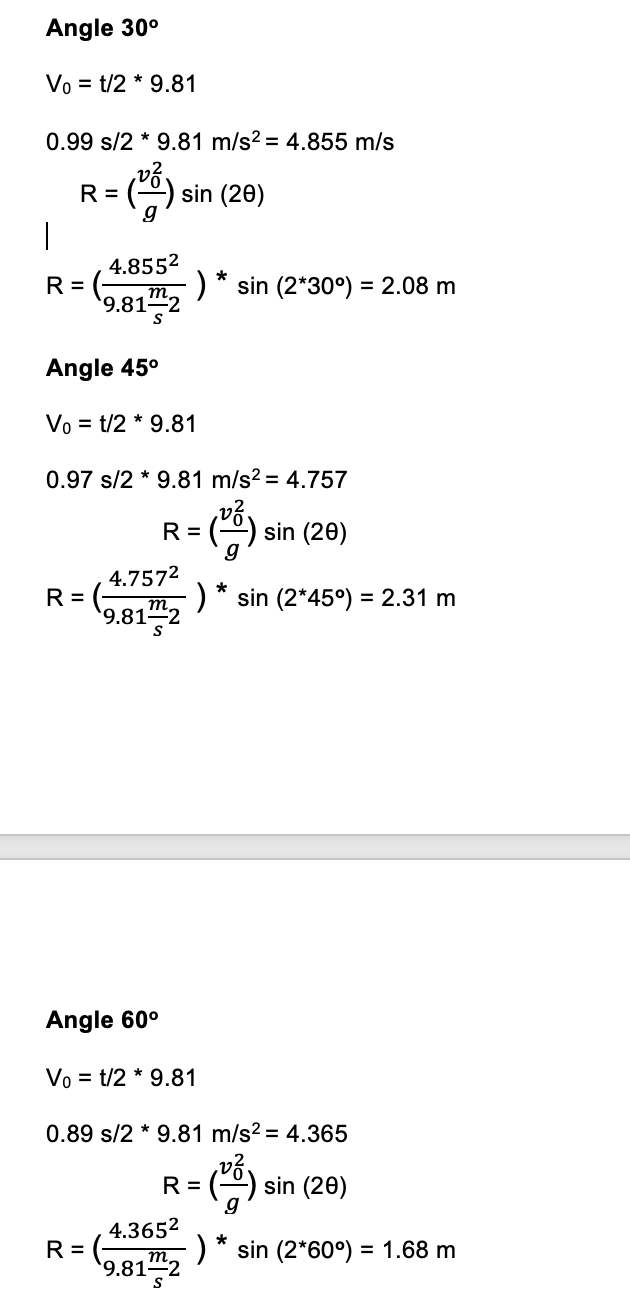  Angle 30 Vo = t/2 * 9.81 0.99 s/2 * 9.81
