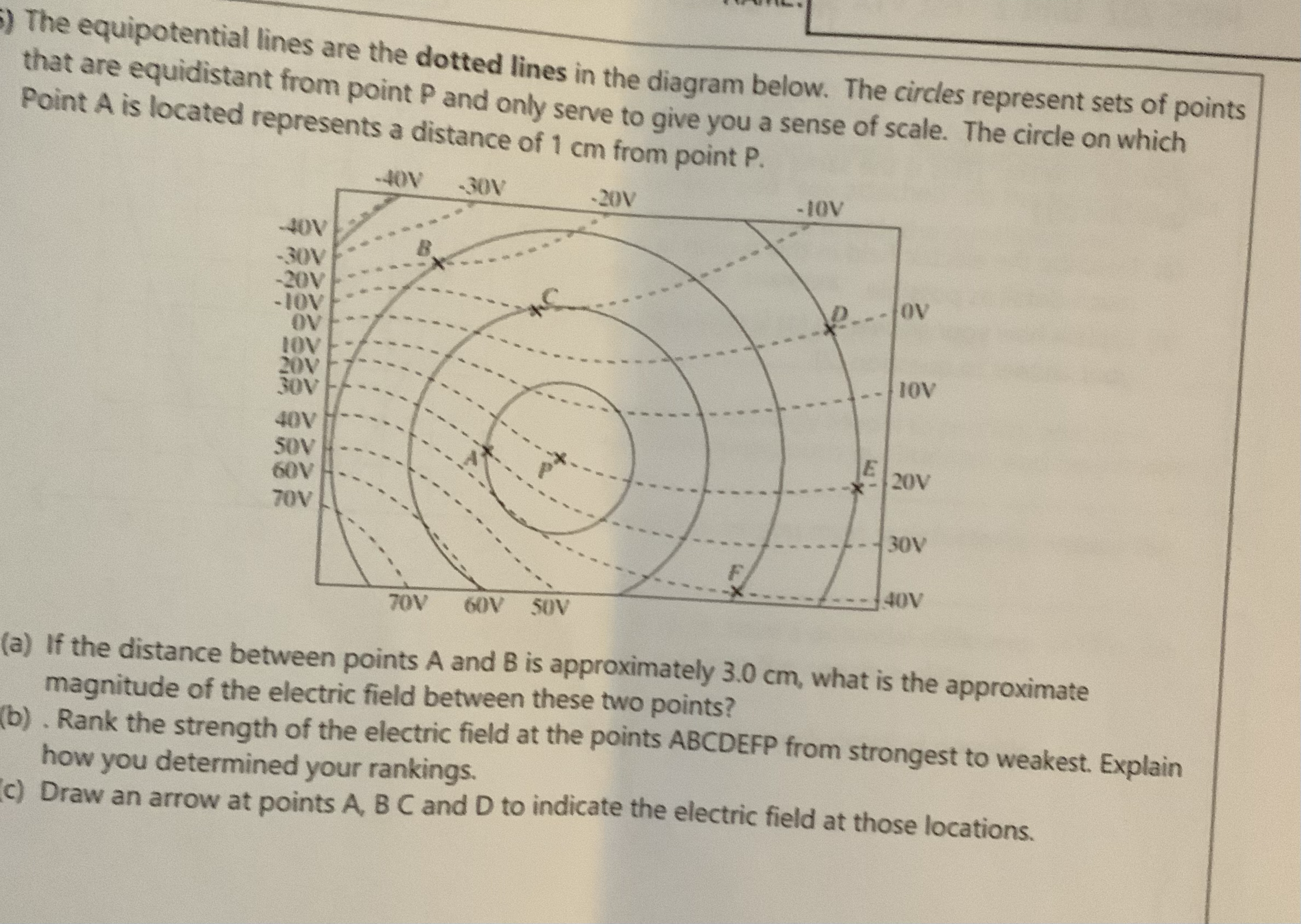 ) The equipotential lines are the dotted lines in the diagram