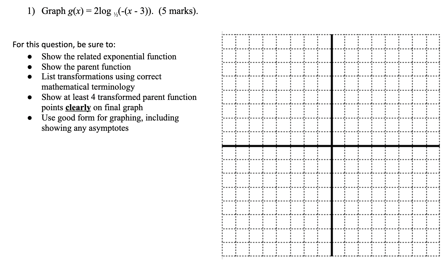 Question... 1) Graph g(x) = 2log y2 (-(x - 3)). (5 marks).