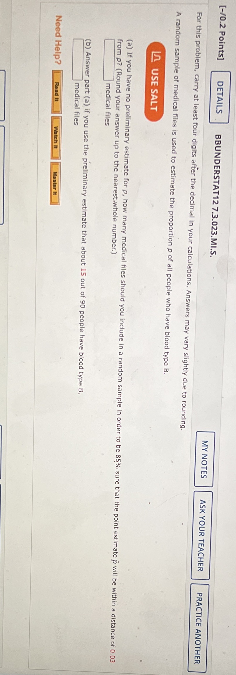  [-/0.2 Points] DETAILS BBUNDERSTAT12 7.3.023.MI.S. MY NOTES ASK YOUR TEACHER PRACTICE