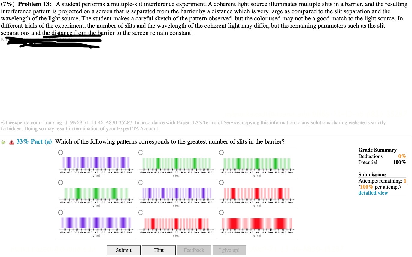  7%) Problem 13: A student performs a multiple-slit interference experiment. A