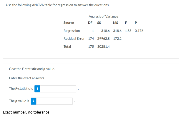  Use the following ANOVA table for regression to answer the questions.