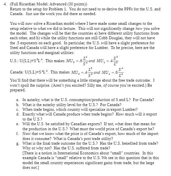 (Full Ricardian Model: Advanced (30 points)) Return to the setup for