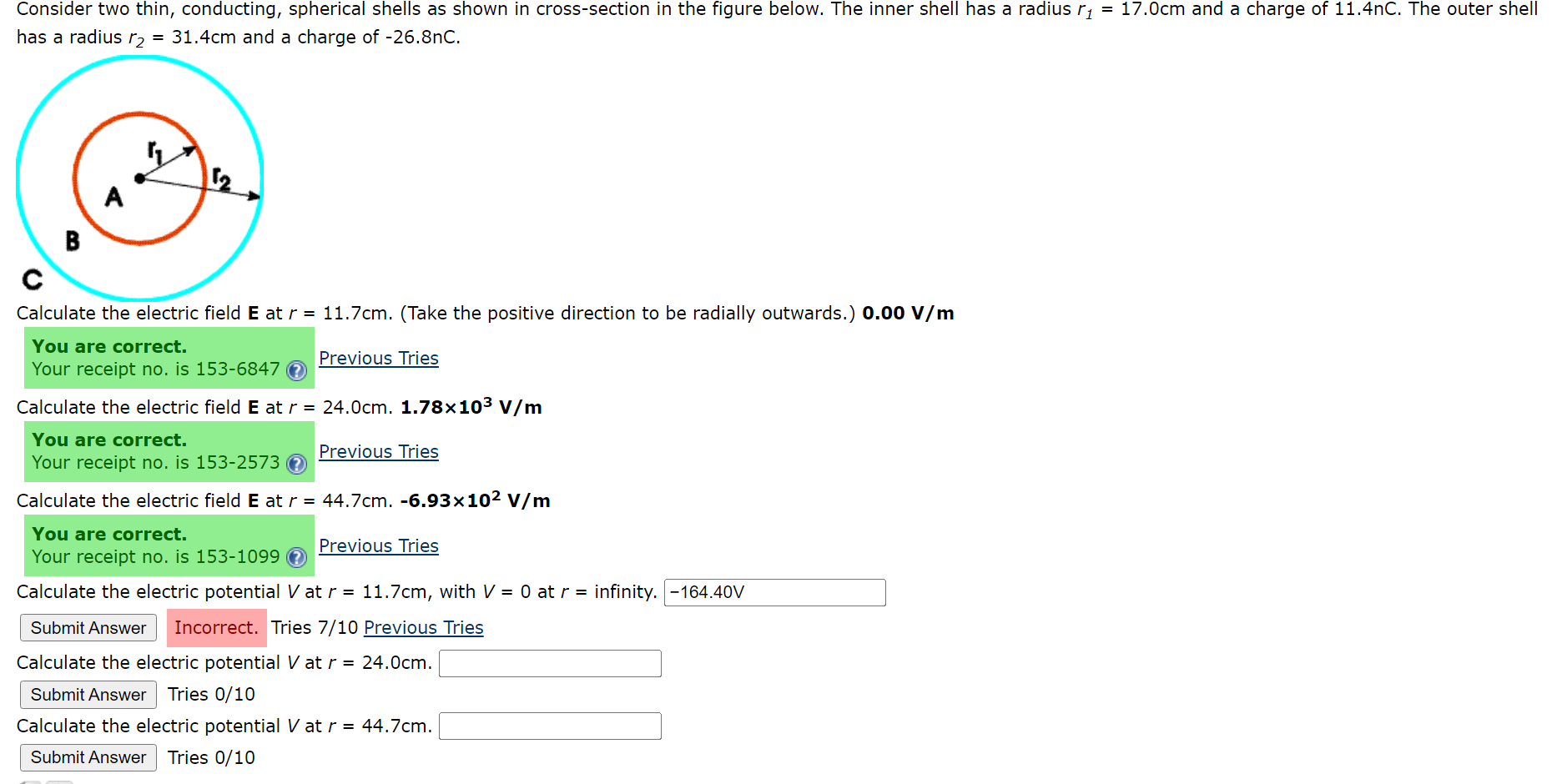  Consider two thin, conducting, spherical shells as shown in cross-section in