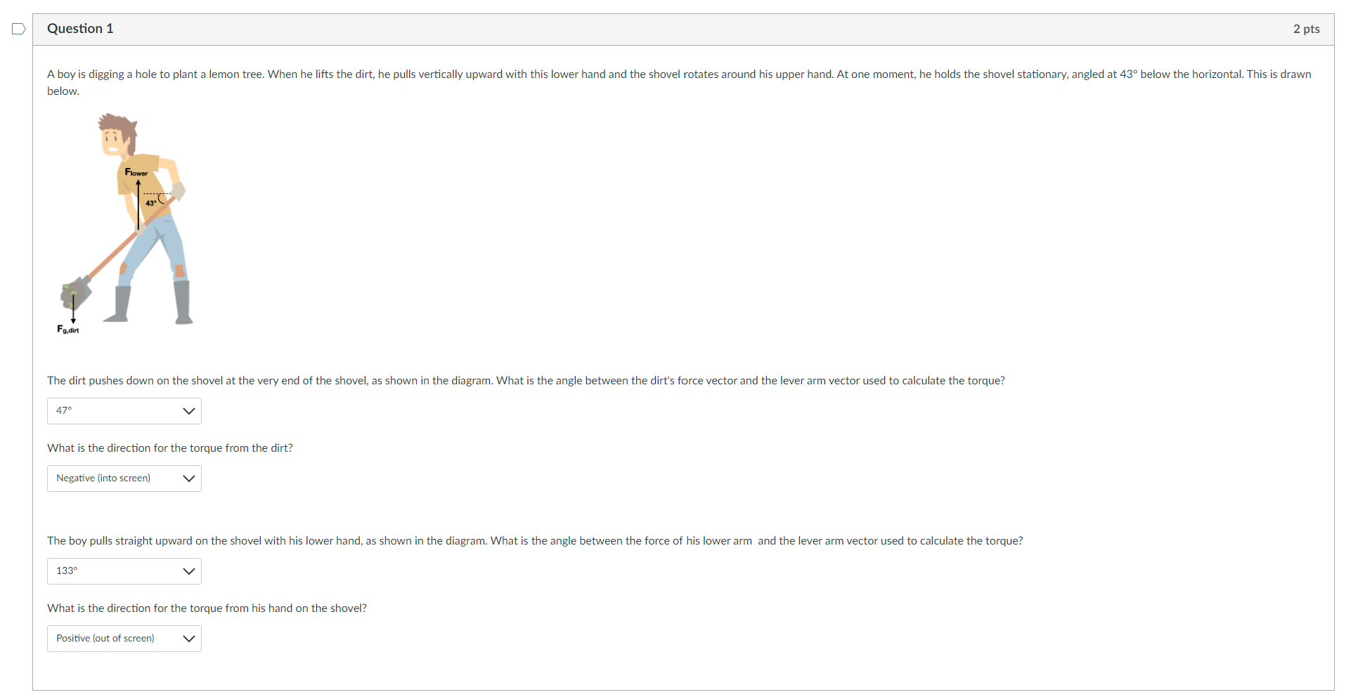 D Question 1 2 pts A boy is digging a hole