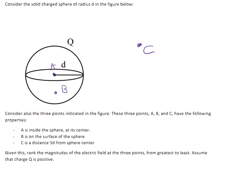 Consider the solid charged sphere of radius d in the figure