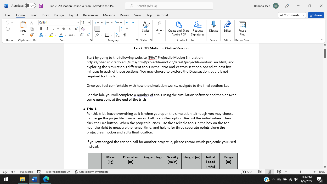 W AutoSave Off Lab 2- 2D Motion Online Version . Saved