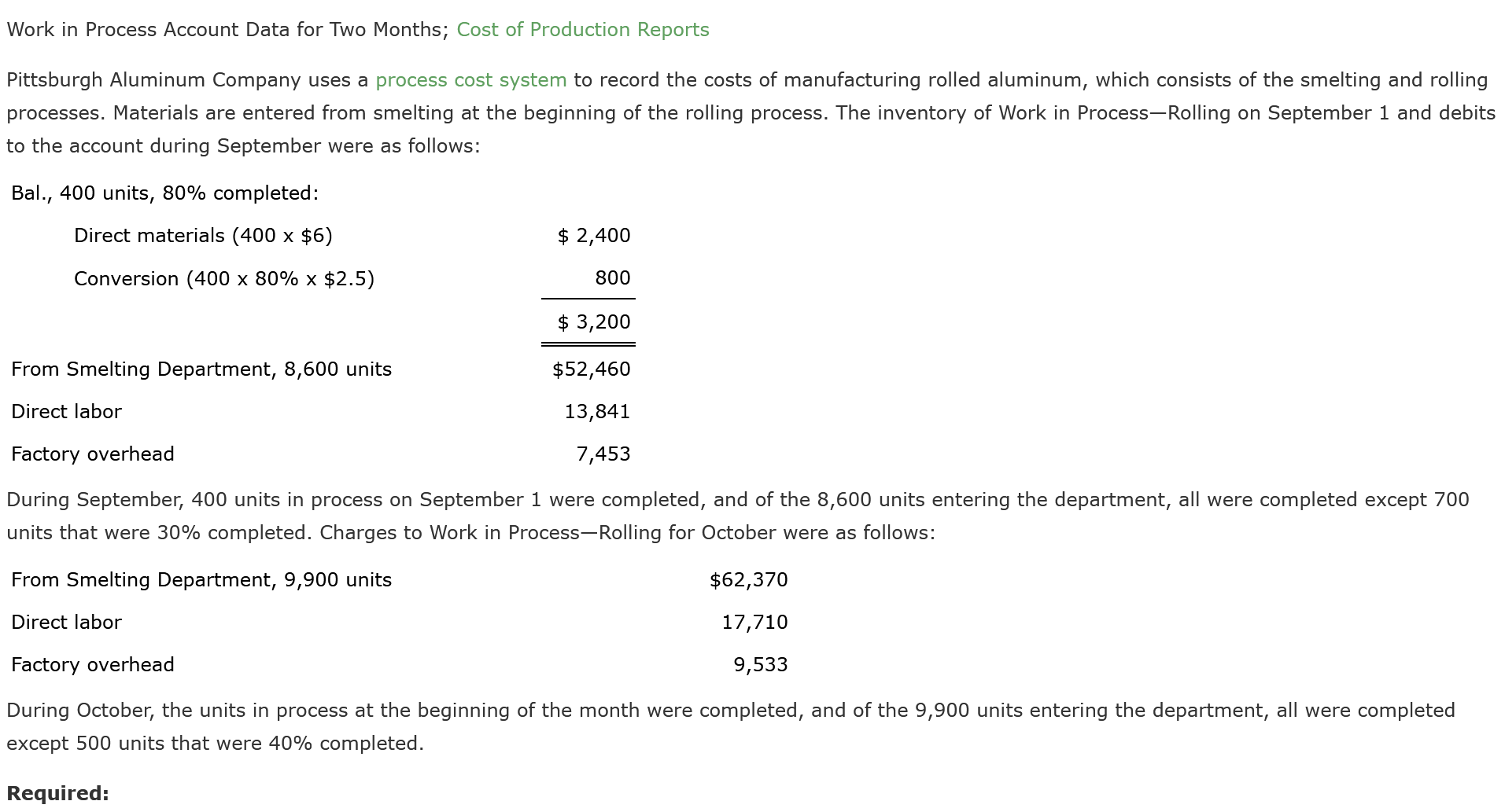 Work in Process Account Data for Two Months; Cost of Production