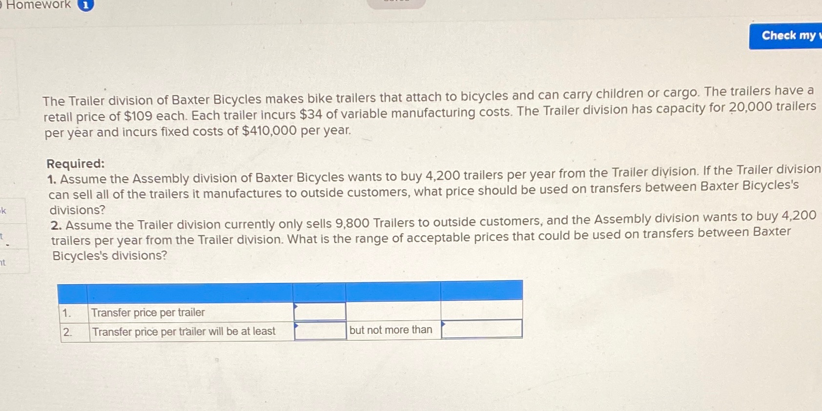 Chapter 9 question 12 Homework 1 Check my The Trailer division of