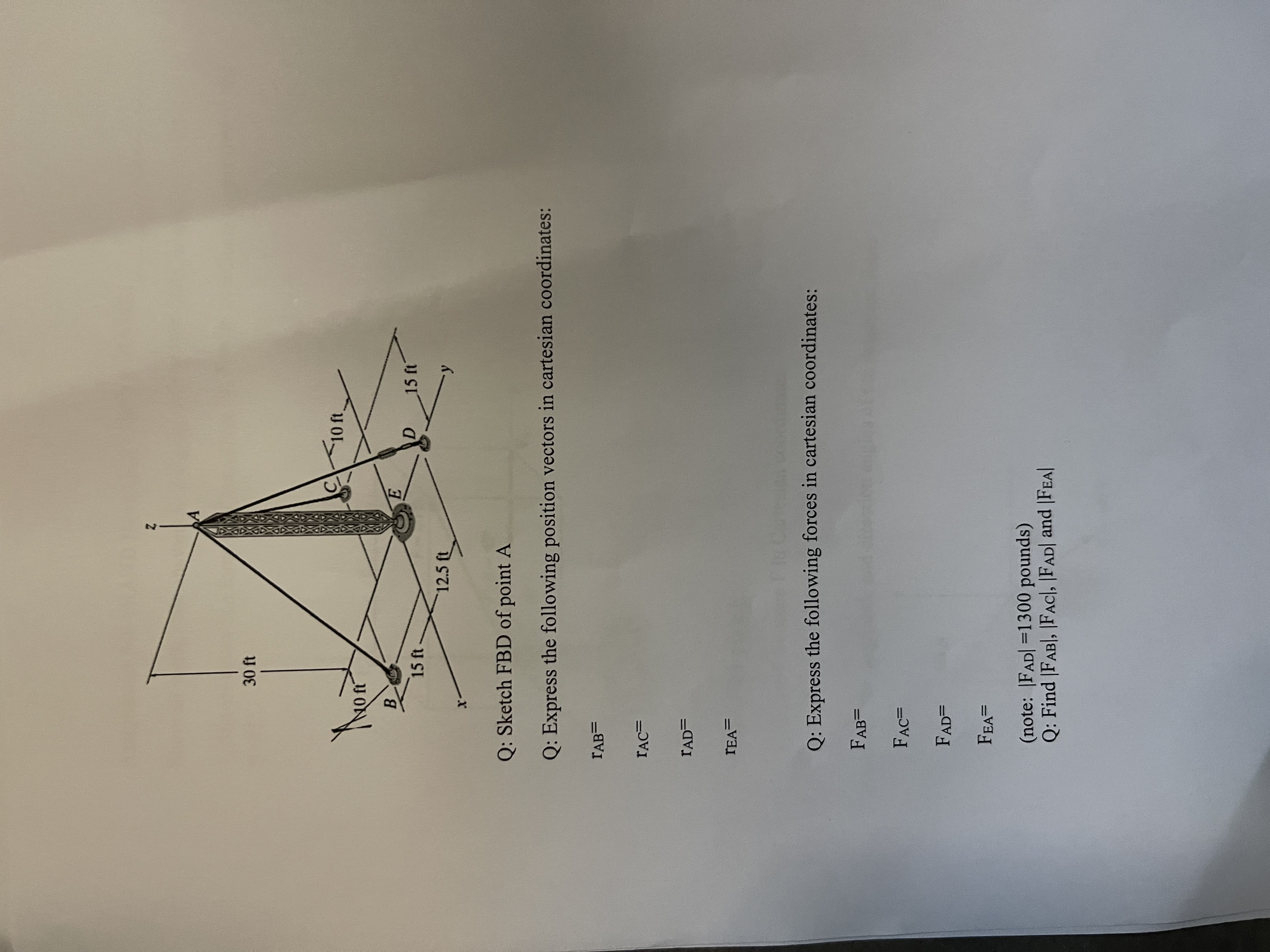 A tower supported by three cables is in static equilibrium. The tension