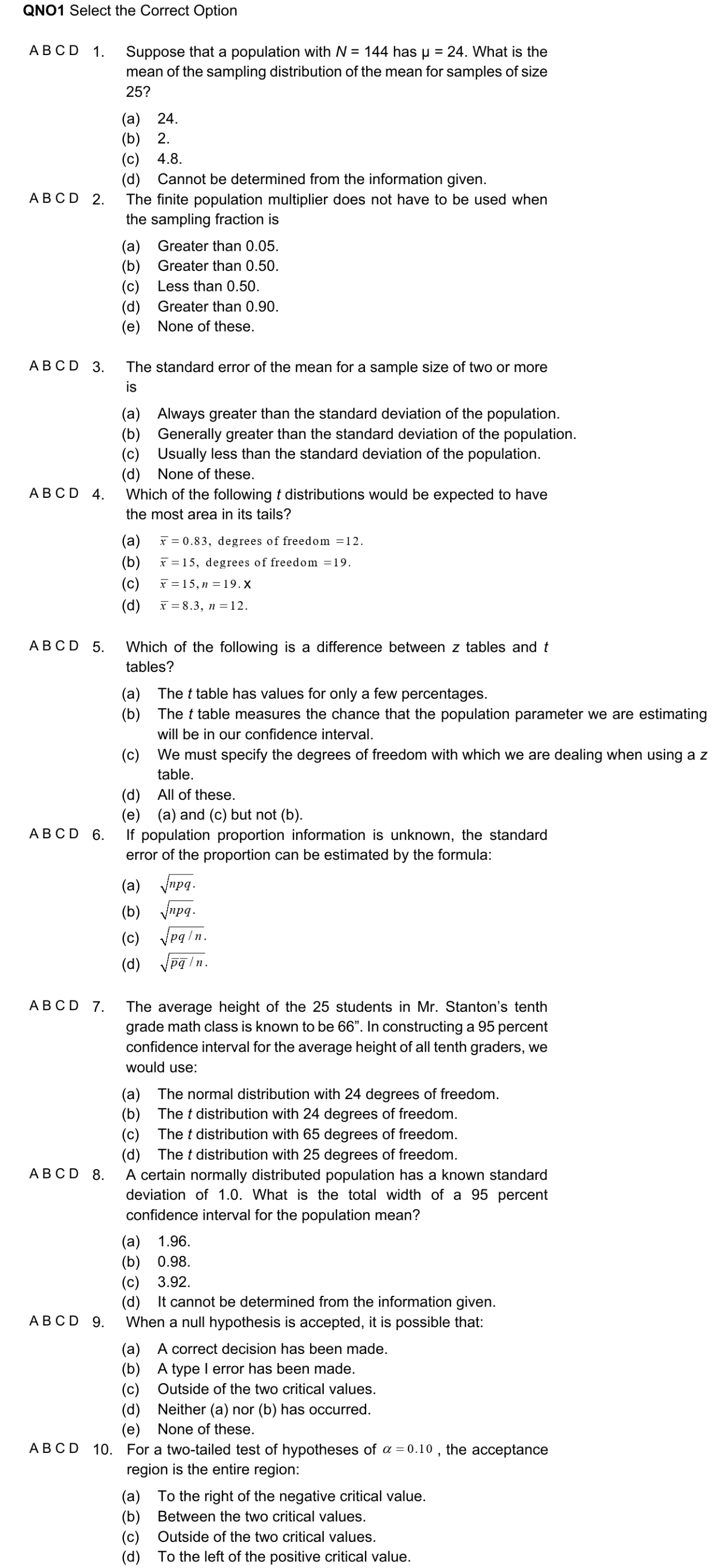 Solve answer QN01 Select the Correct Option AB C D 1. Suppose