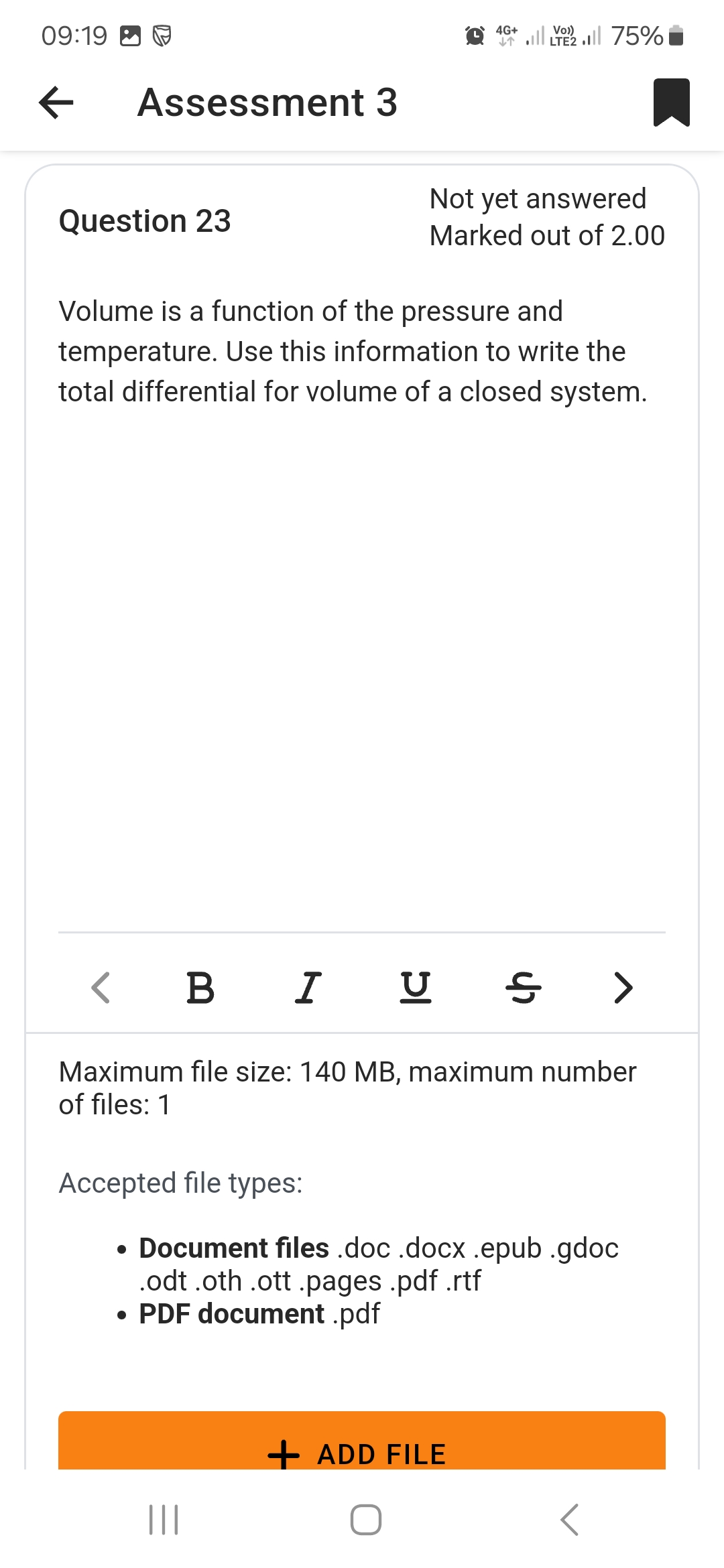  09:19 2 0 IT . LTE2 .Ill 75% Assessment 3 Not