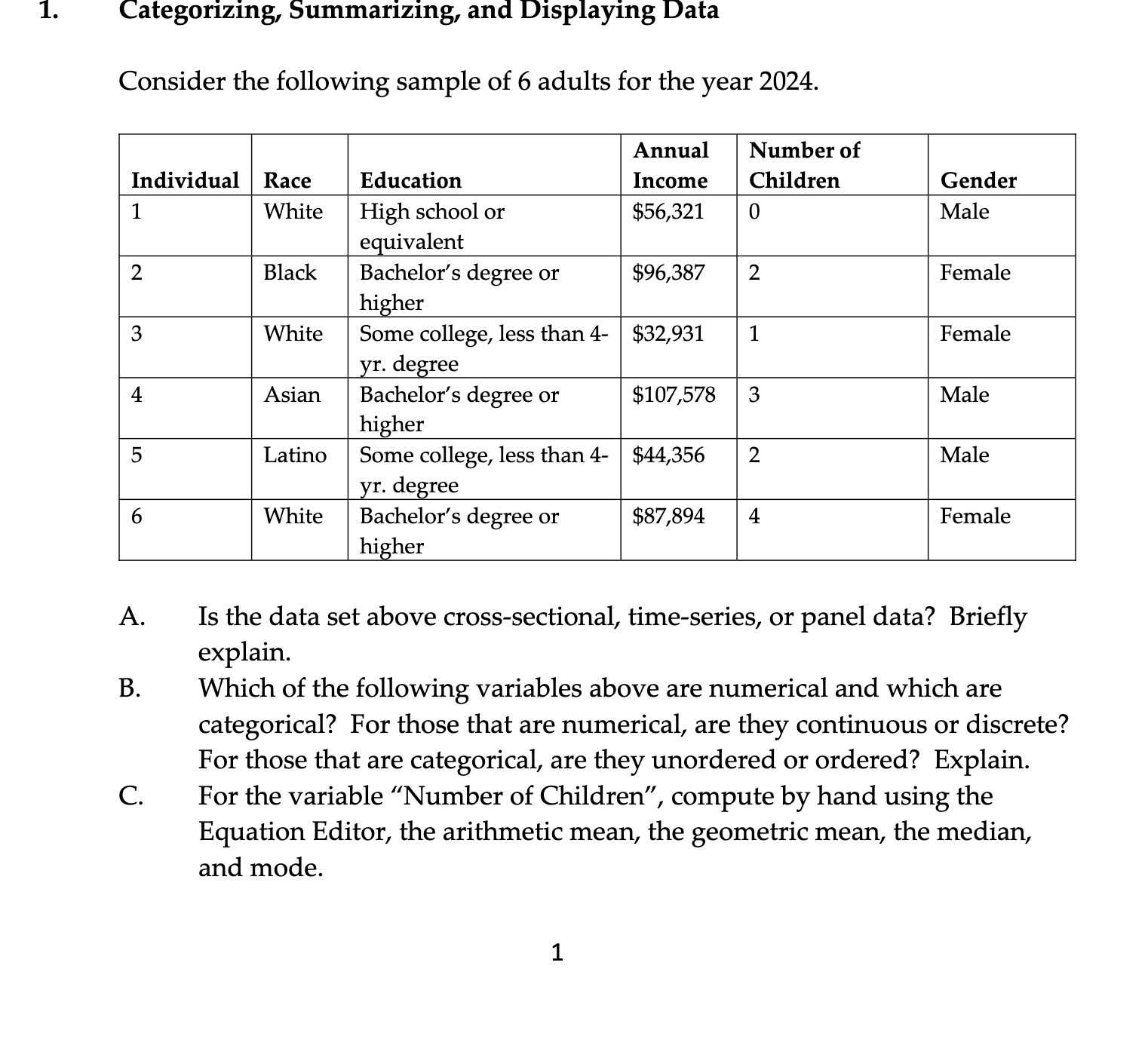  1. Categorizing, Summarizing, and Displaying Data Consider the following sample of
