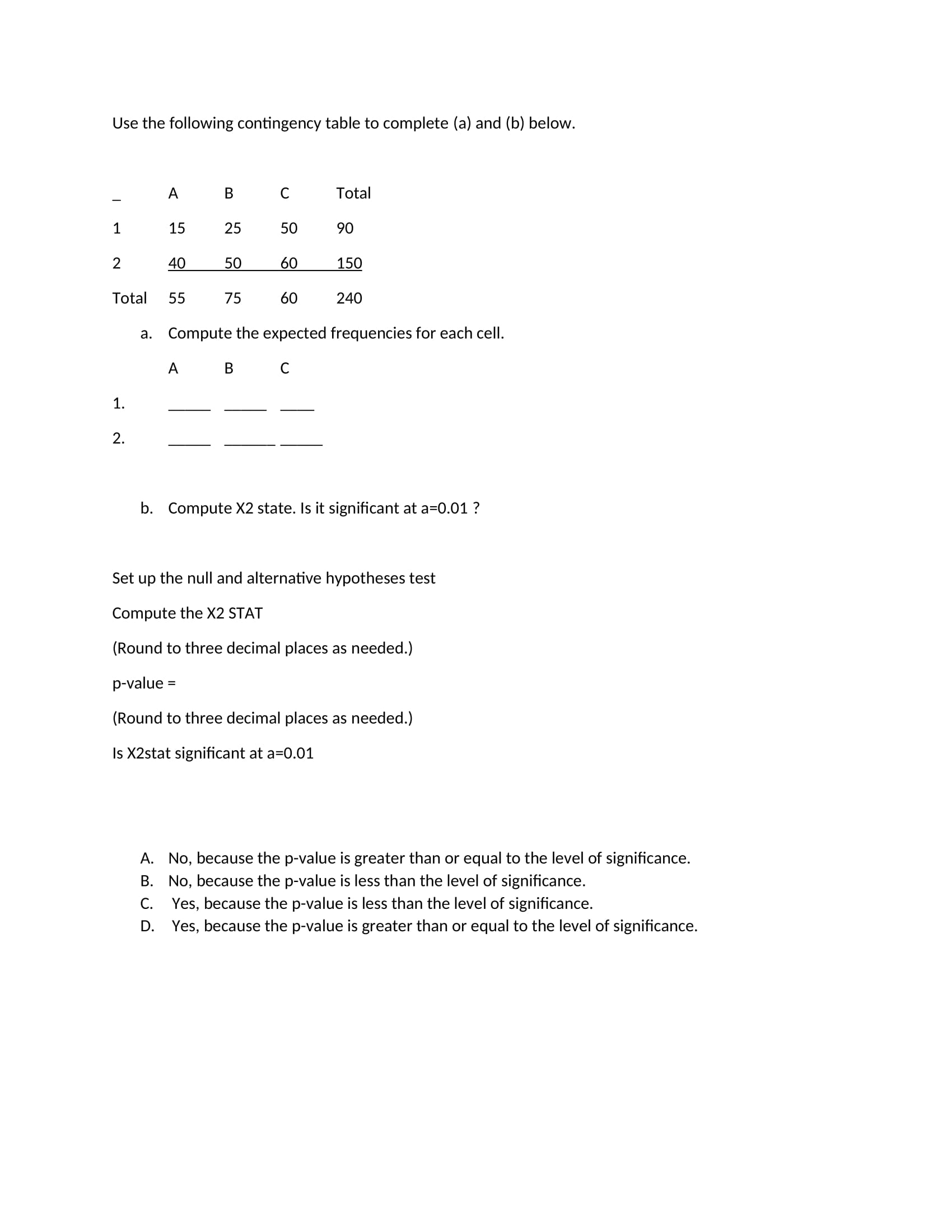  Use the following contingency table to complete (a) and (b) below.