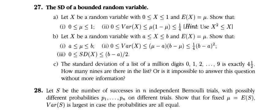 27. The SD of a bounded random variable. a) Let X be