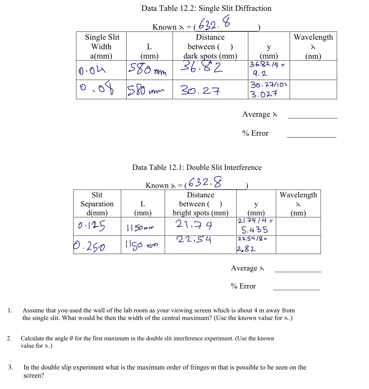  Data Table 12.2: Single Slit Diffraction Distance Wavelength between ( )