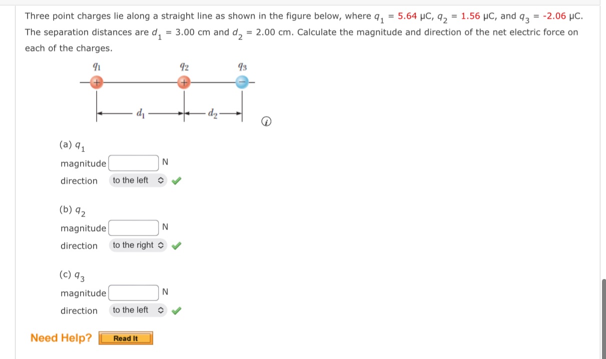  Three point charges lie along a straight line as shown in