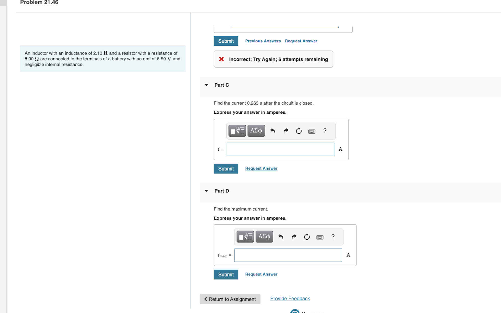 of 2.10 H and a resistor with a resistance of 8.00 are