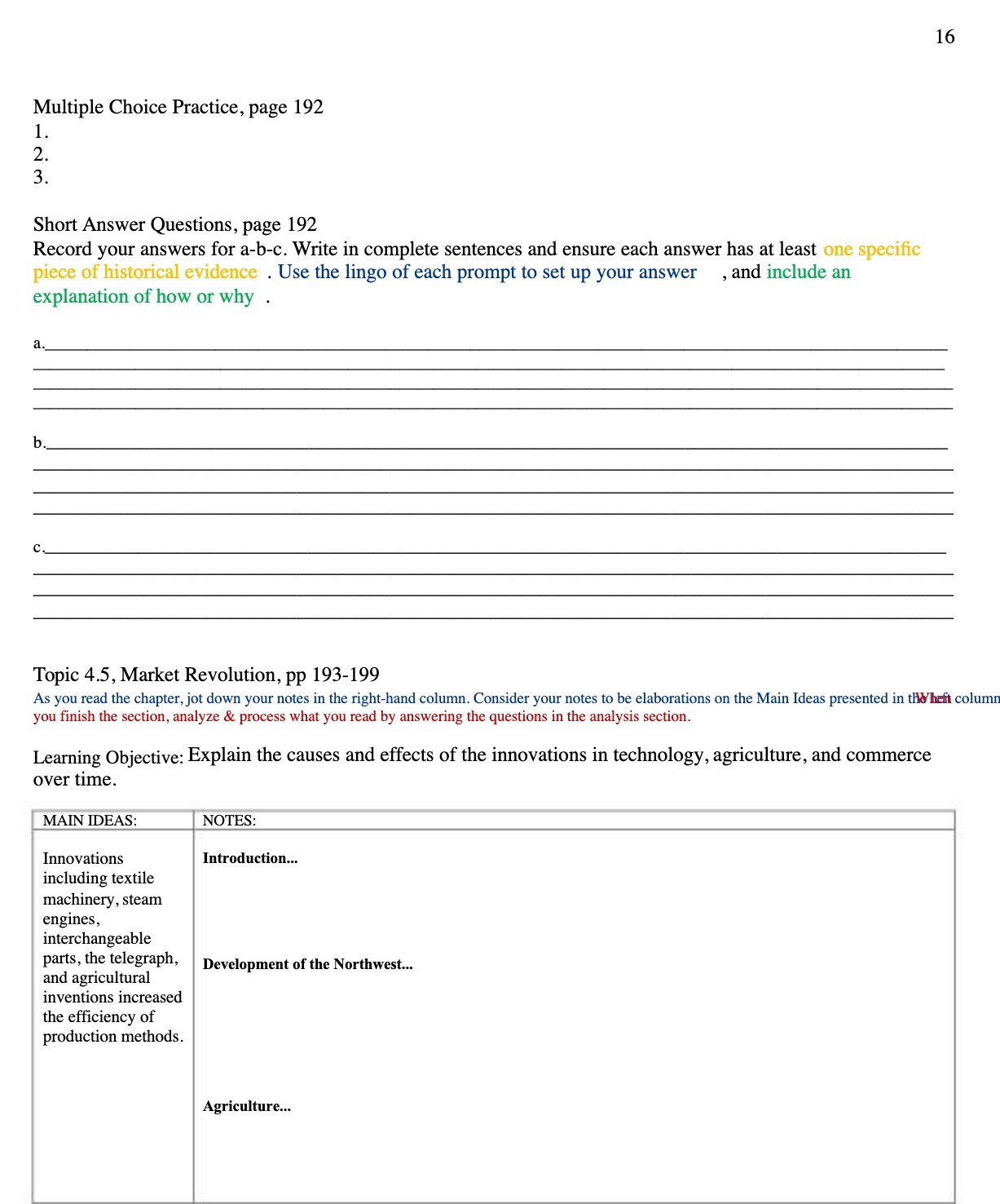 16 Multiple Choice Practice, page 192 1. 2. 3. Short Answer
