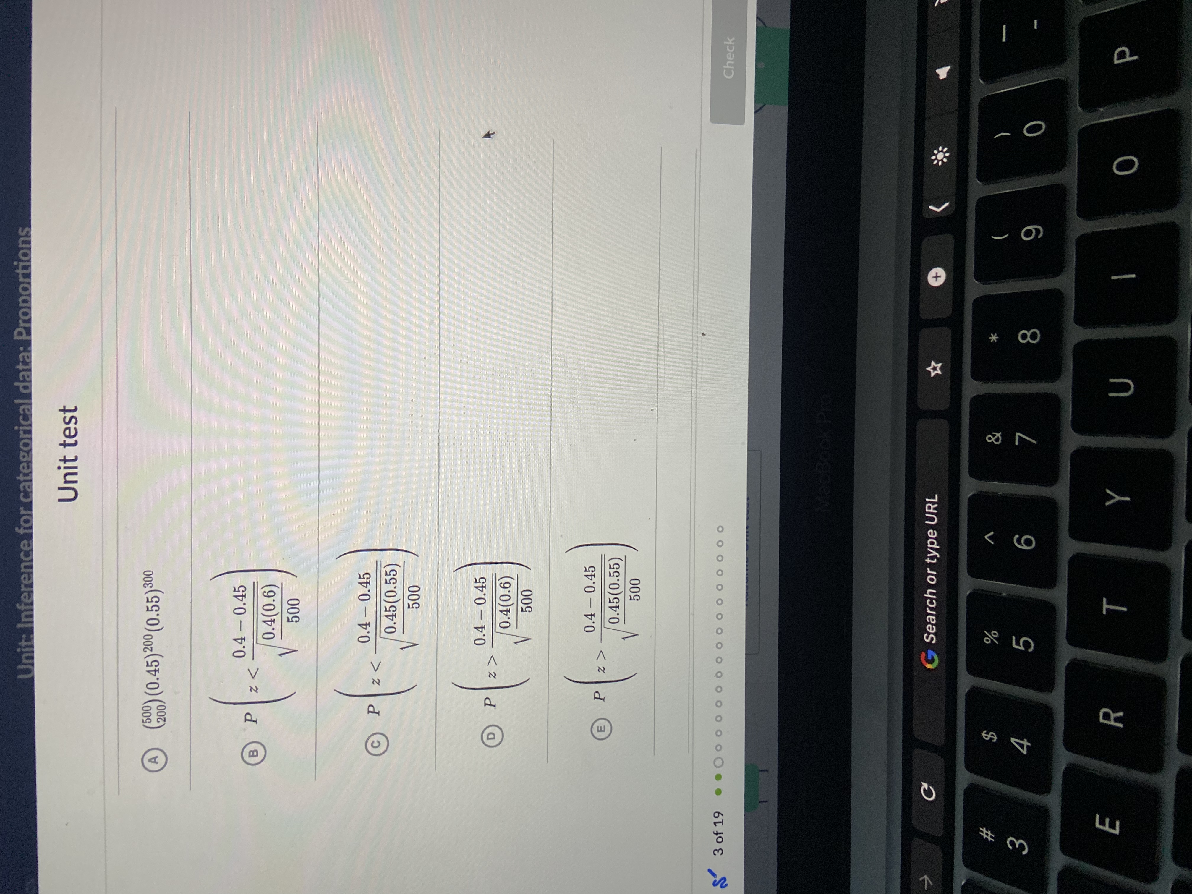  Unit: Inference for categorical data: Proportions Unit test A (500) (0.45)