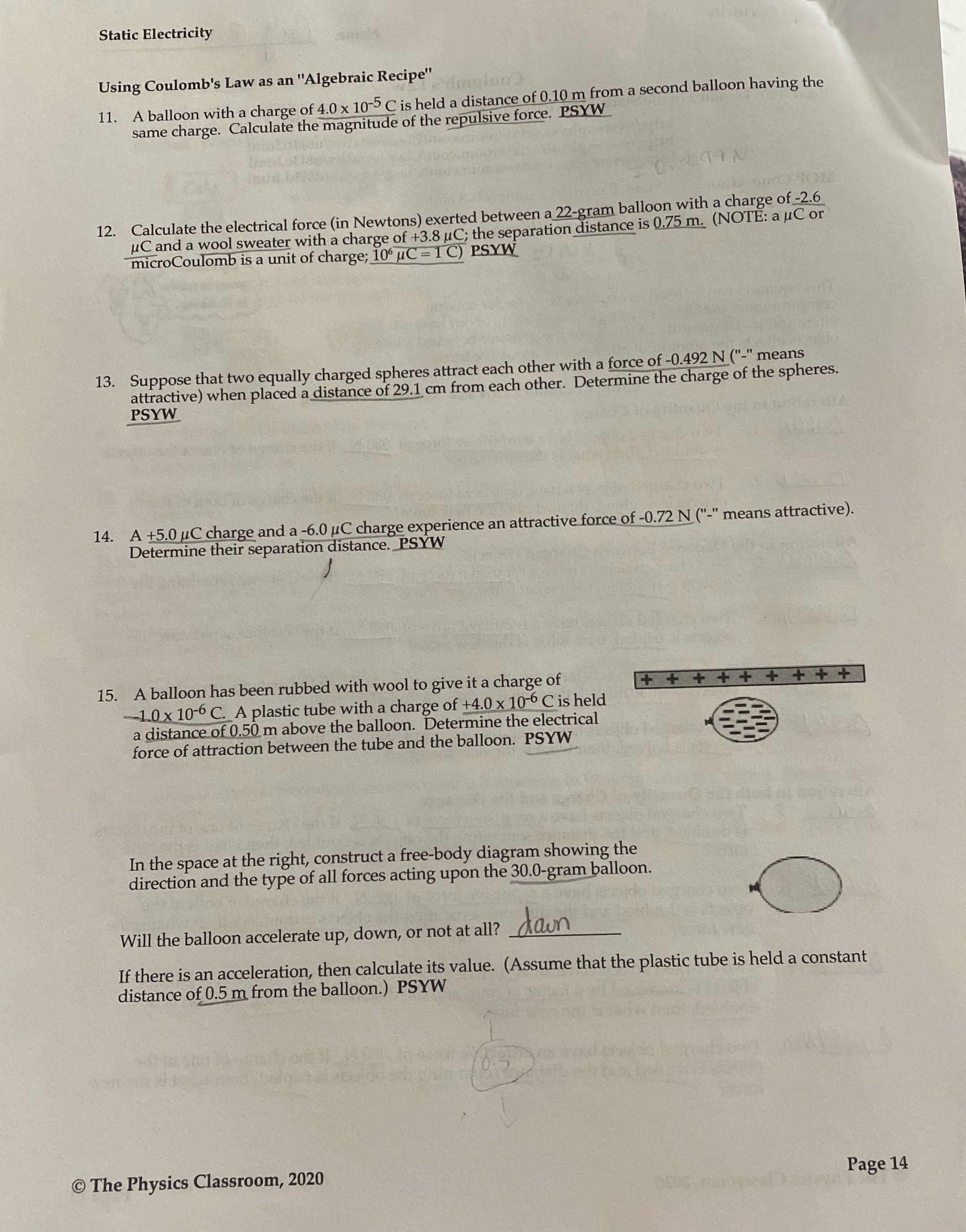 Please help solve this physics page Static Electricity Using Coulomb's Law as