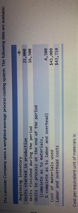  The Lakeside Company uses a weighted average process costing system. The