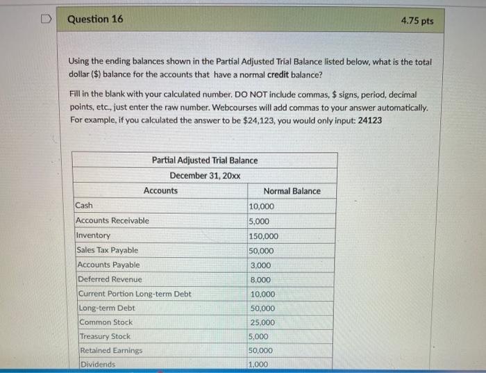  Question 16 4.75 pts Using the ending balances shown in the