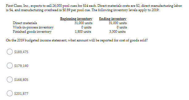  First Class, Inc., expects to sell 26,000 pool cues for $14