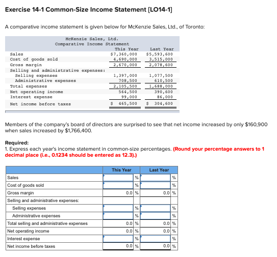  Exercise 14-1 Common-Size Income Statement [LO14-1] A comparative income statement is