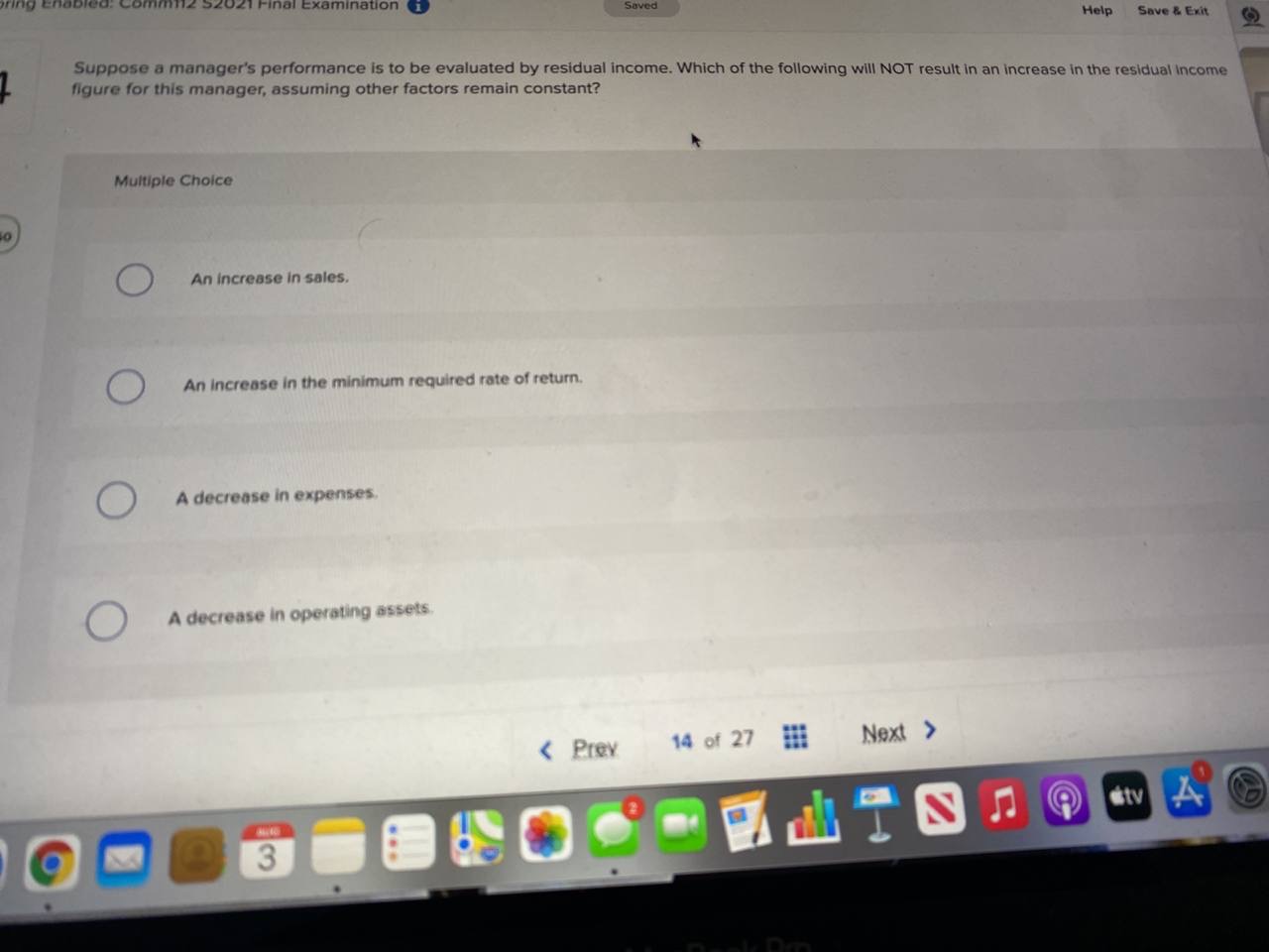  Help Save & Exit Suppose a manager's performance is to be