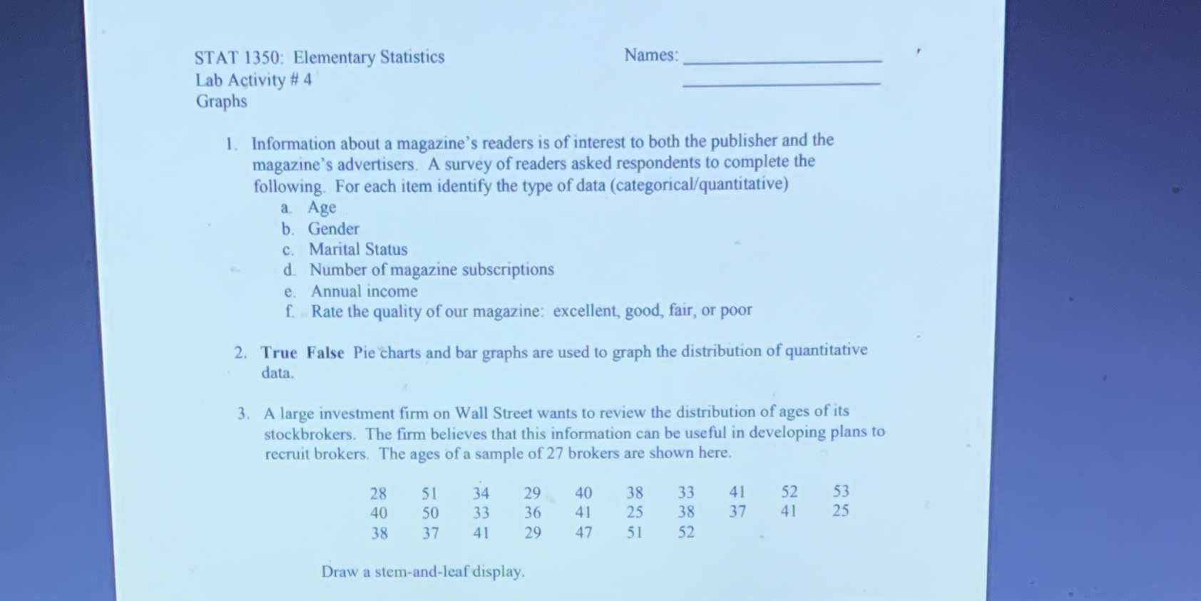  STAT 1350: Elementary Statistics Names: Lab Activity # 4 Graphs 1.