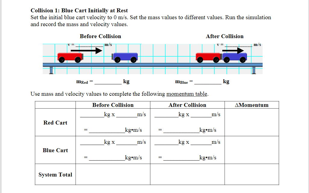  Collision 1: Blue Cart Initially at Rest Set the initial blue