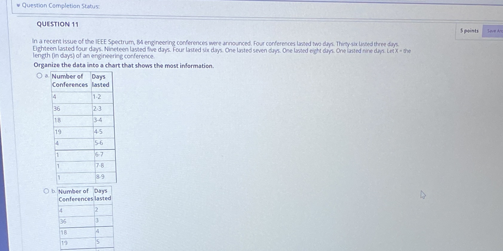  Question Completion Status: QUESTION 11 5 points Save An In a
