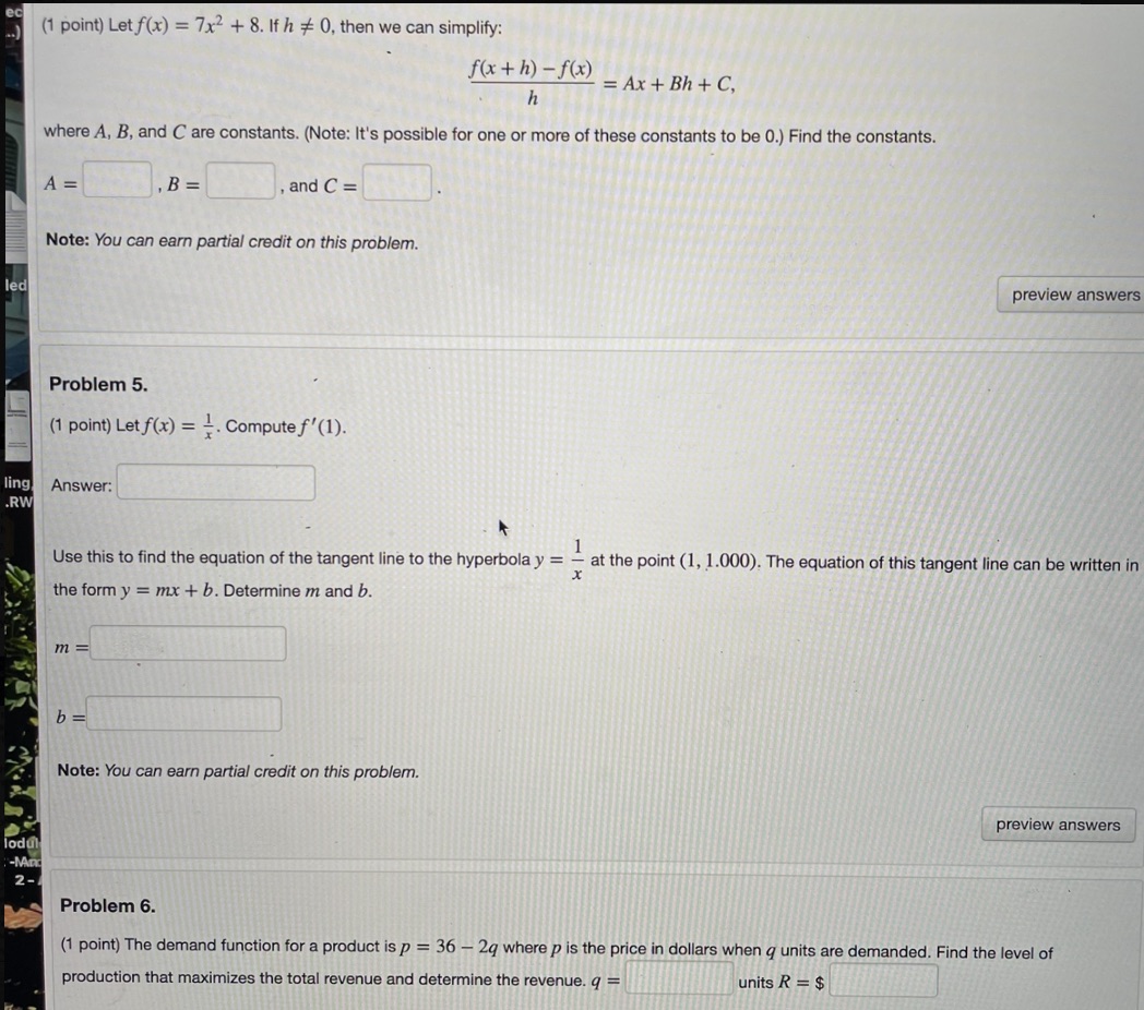 (1 point) Let f(x) = 7x2 + 8. If h #
