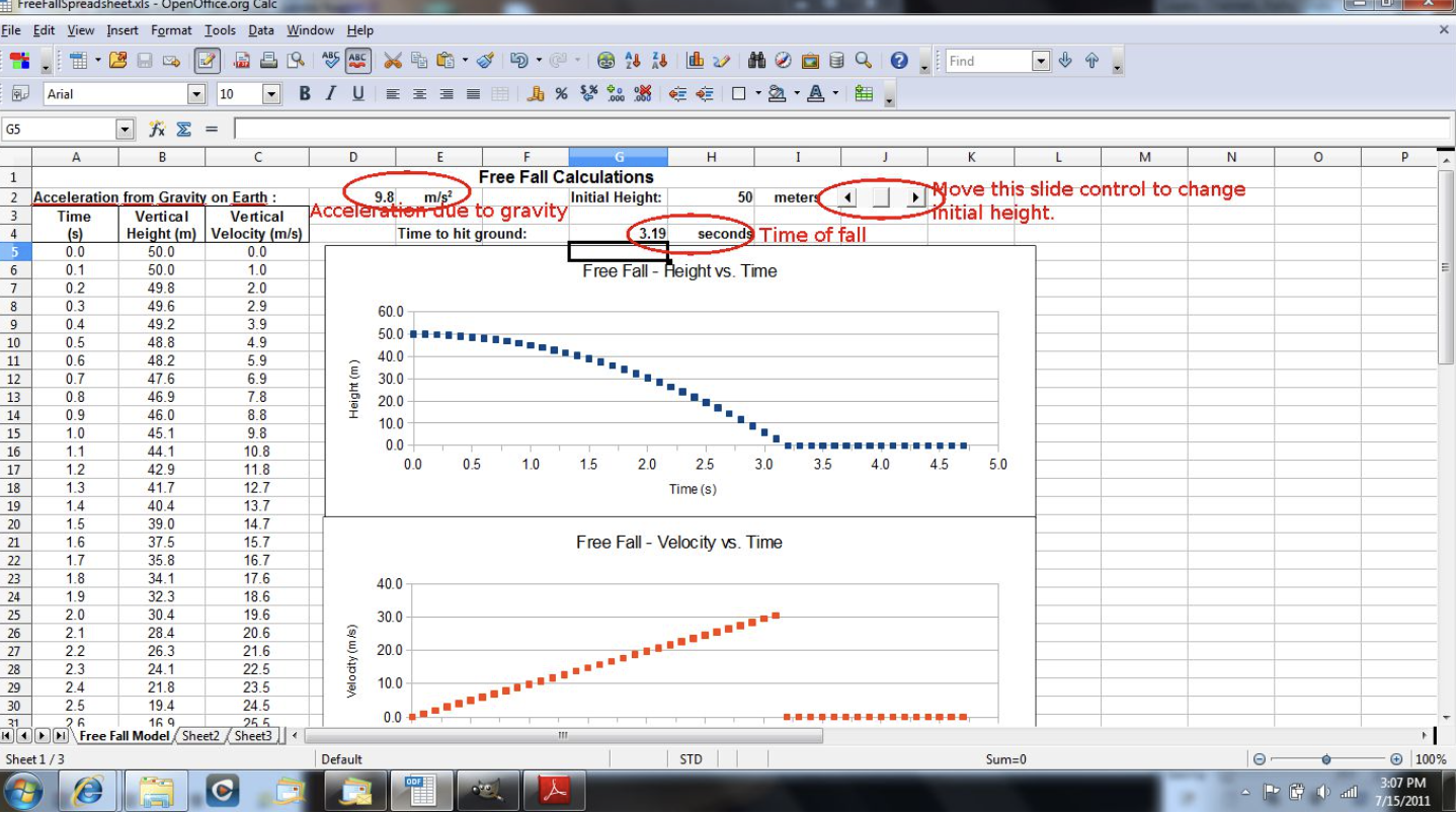  FreeFallSpreadsheet.xls - Office.org Calc X File Edit View Insert Format Tools