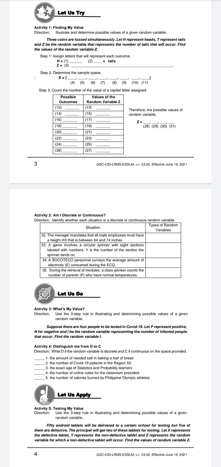 Need your help regarding this Activities. Let Us Try Activity 1: Finding