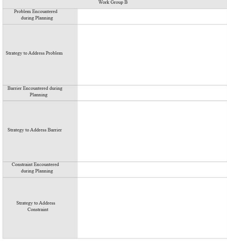  Work Group B Problem Encountered during Planning Strategy to Address Problem