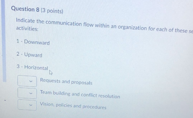  Question 8 (3 points) Indicate the communication flow within an organization