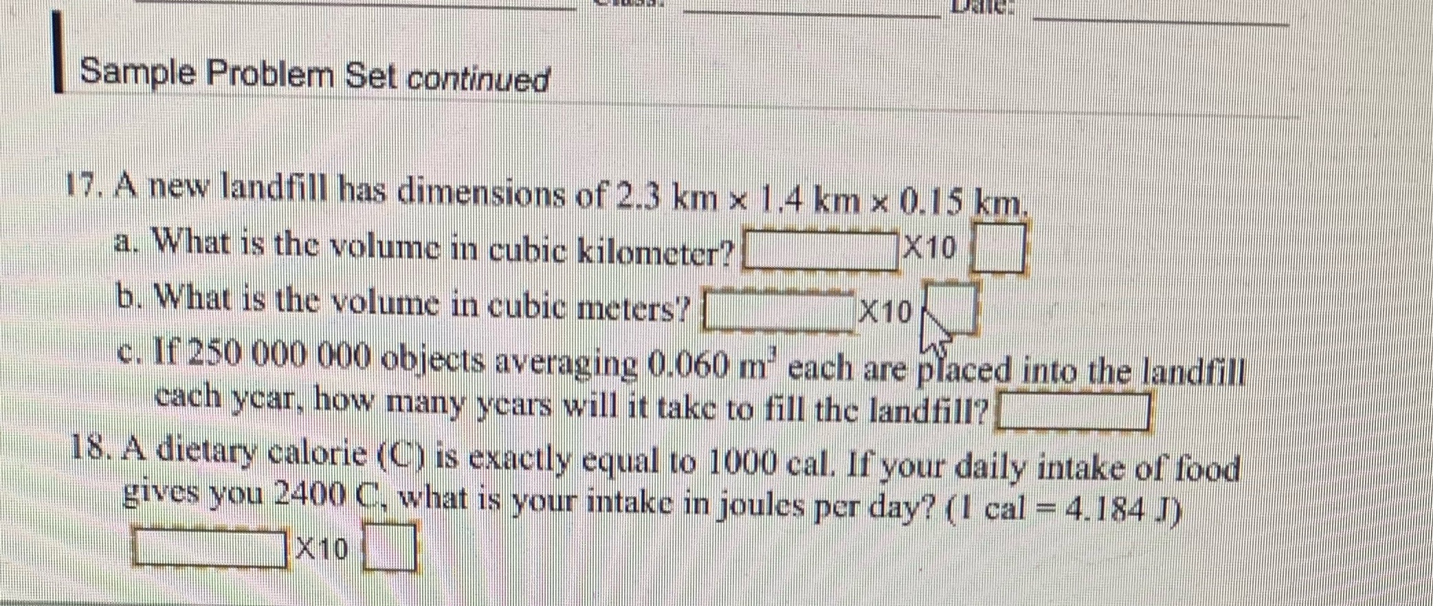 Need answers 17-18 please round to correct sig figs Sample Problem Set