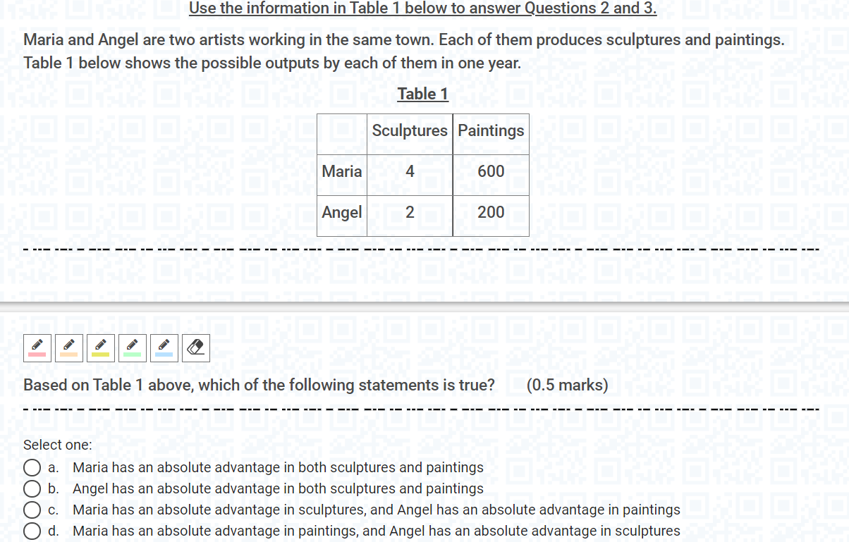  Use the information in Table 1 below to answer Questions 2
