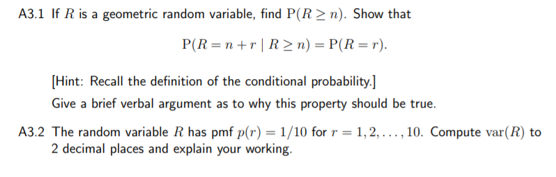  A31 If R is a geometric random variable. find P(R 2