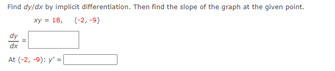 Find dy/dx by implicit differentiation. Then find the slope of the graph