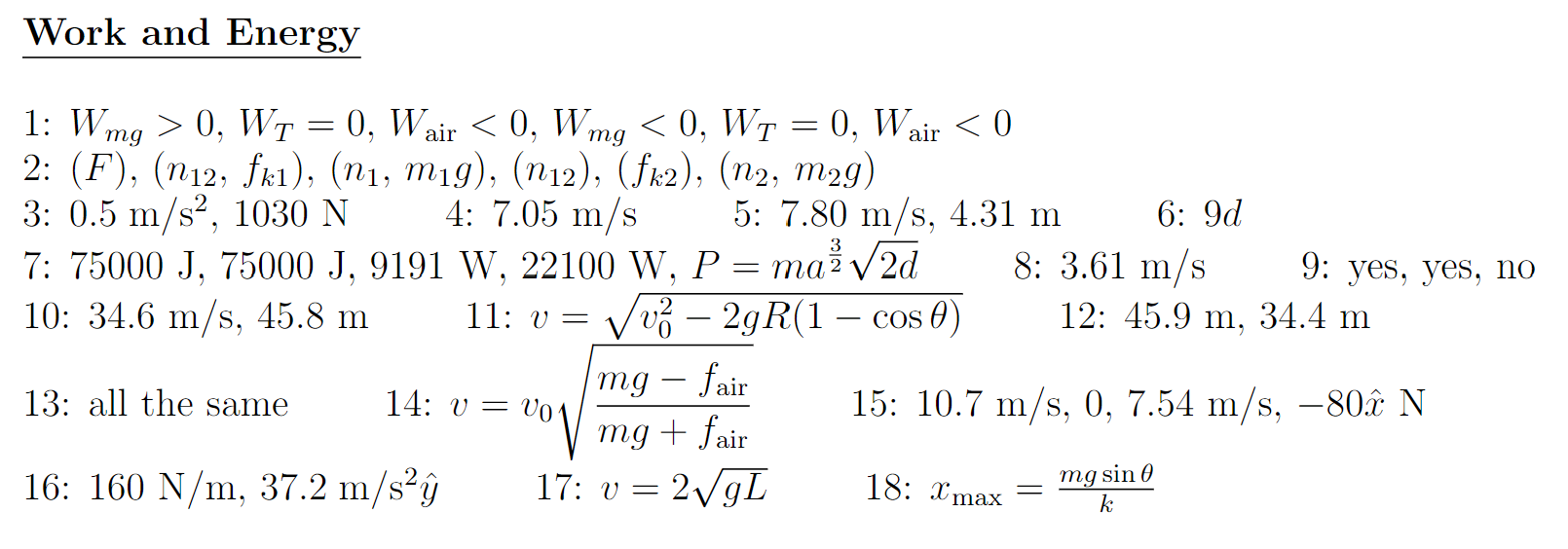 Work and Energy 1: > O, 114=0, < O, < O, =