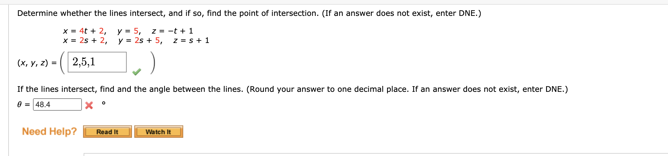 Determine whether the lines intersect, and if 50, find the point