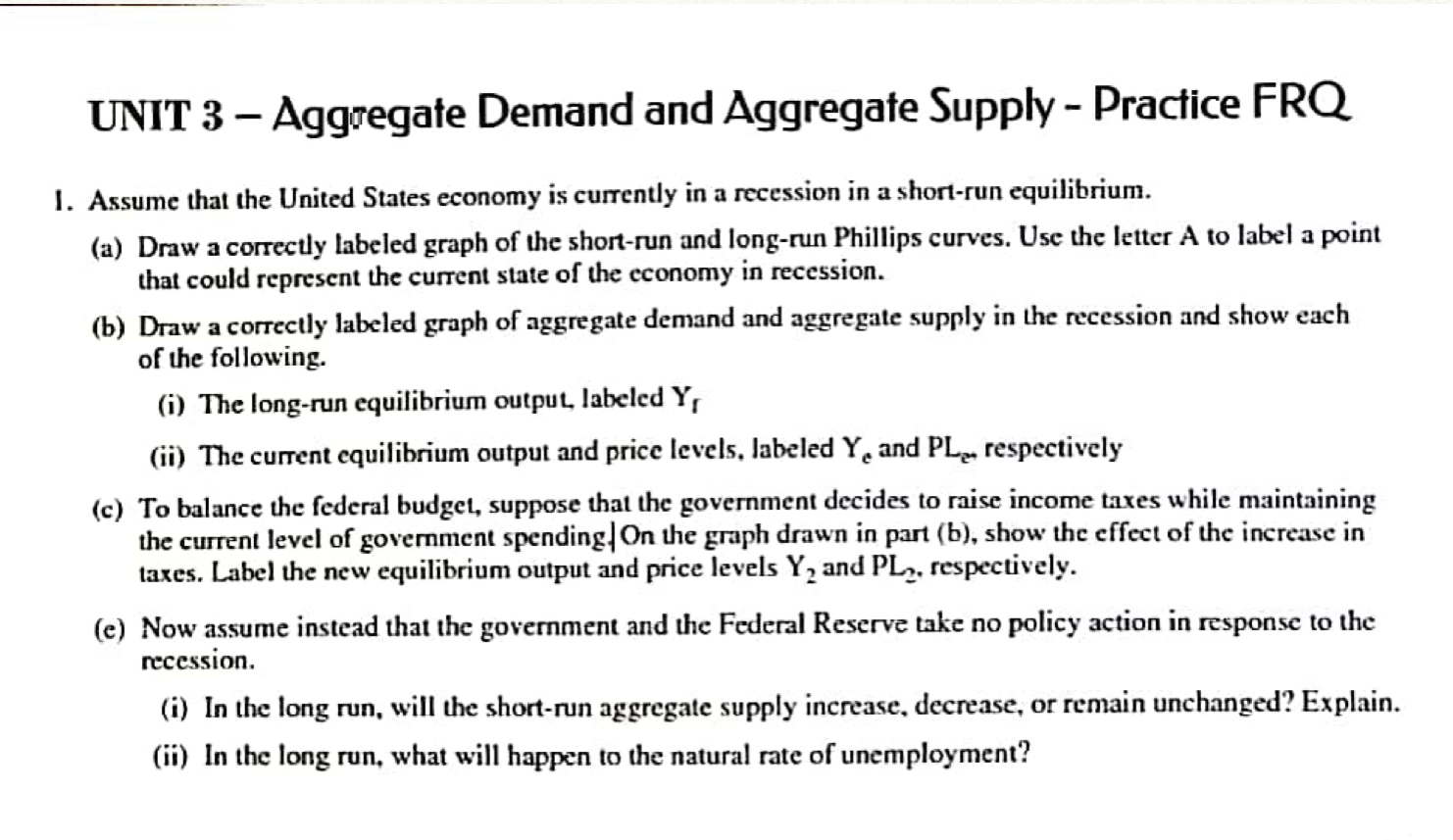  UNIT 3 Aggregate Demand and Aggregate Supply - Practice FRQ 1.