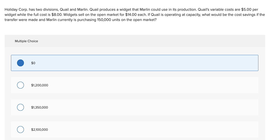 SHOW WORK PLEASE!!!!! Holiday Corp. has two divisions, Quail and Marlin. Quail