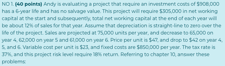  NO 1. (40 points) Andy is evaluating a project that require