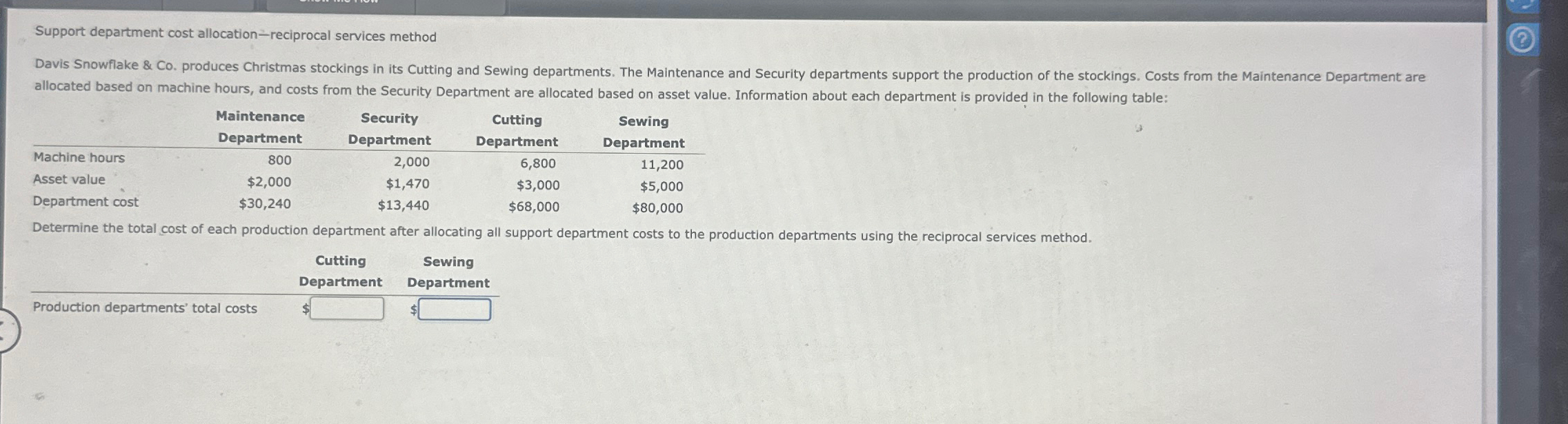  Support department cost allocation-reciprocal services method allocated based on machine hours,